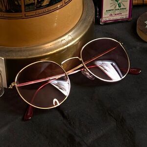 Pink Tinted Small Round Frame Sunglasses Unisex Gold UV Protected